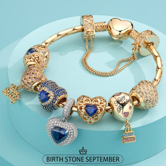 gona- Sterling Silver Profound Insight: September Sapphire Charms Bracelet Set In 14K Gold Plated (Includes bracelet and all charms shown)