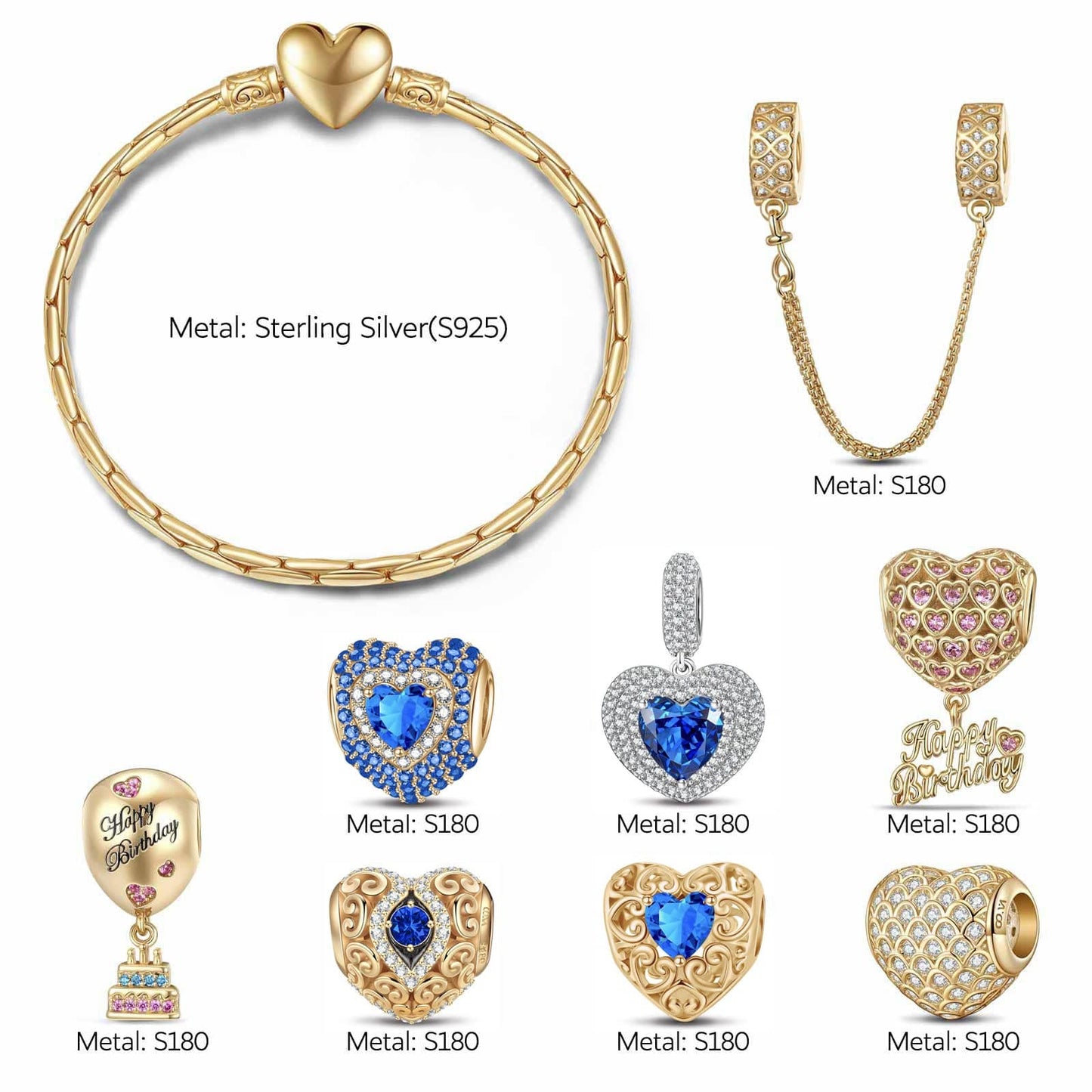 Sterling Silver Profound Insight: September Sapphire Charms Bracelet Set In 14K Gold Plated (Includes bracelet and all charms shown)