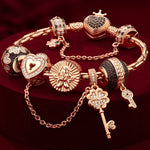 Sterling Silver Key to Eternity Charms Bracelet Set In Rose Gold Plated For Her (Includes bracelet and all charms shown)