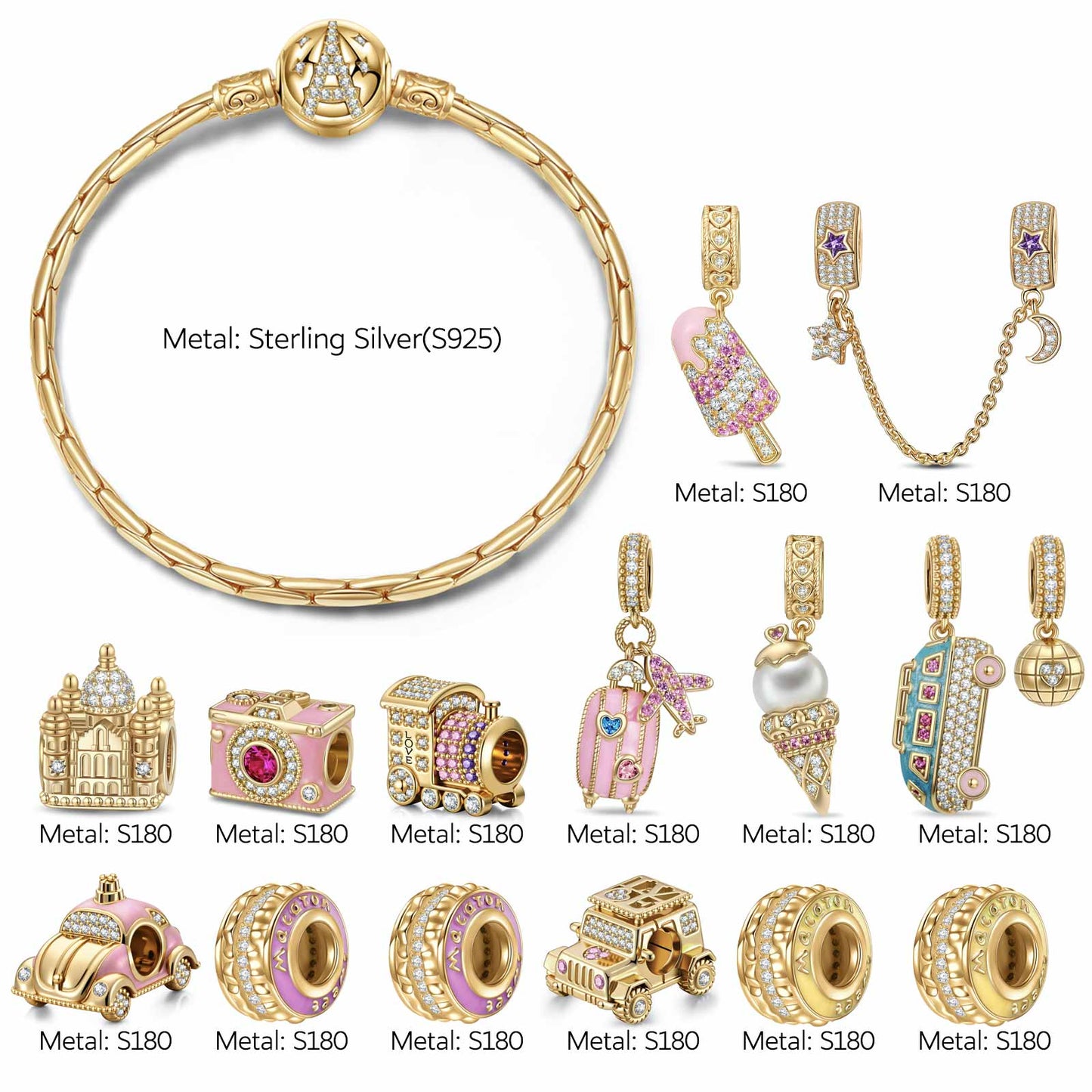 Sterling Silver Blissful Adventures Charms Bracelet Set With Enamel In 14K Gold Plated (Includes bracelet and all charms shown)