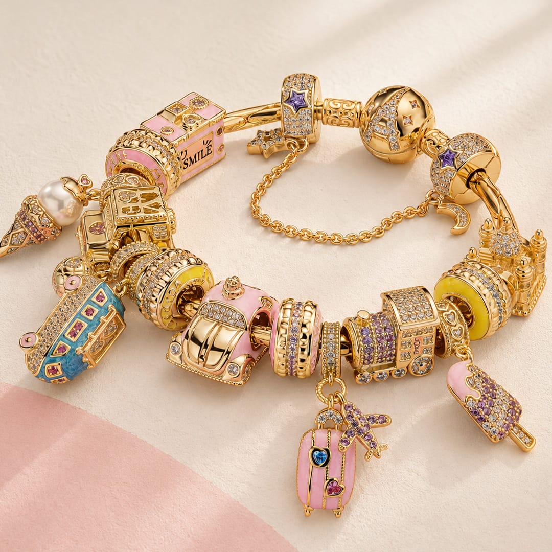 Sterling Silver Blissful Adventures Charms Bracelet Set With Enamel In 14K Gold Plated (Includes bracelet and all charms shown)