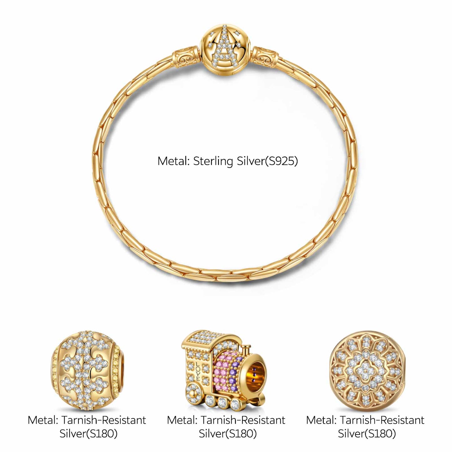 Sterling Silver Serene Travels Charms Bracelet Set In 14K Gold Plated (Includes bracelet and all charms shown)