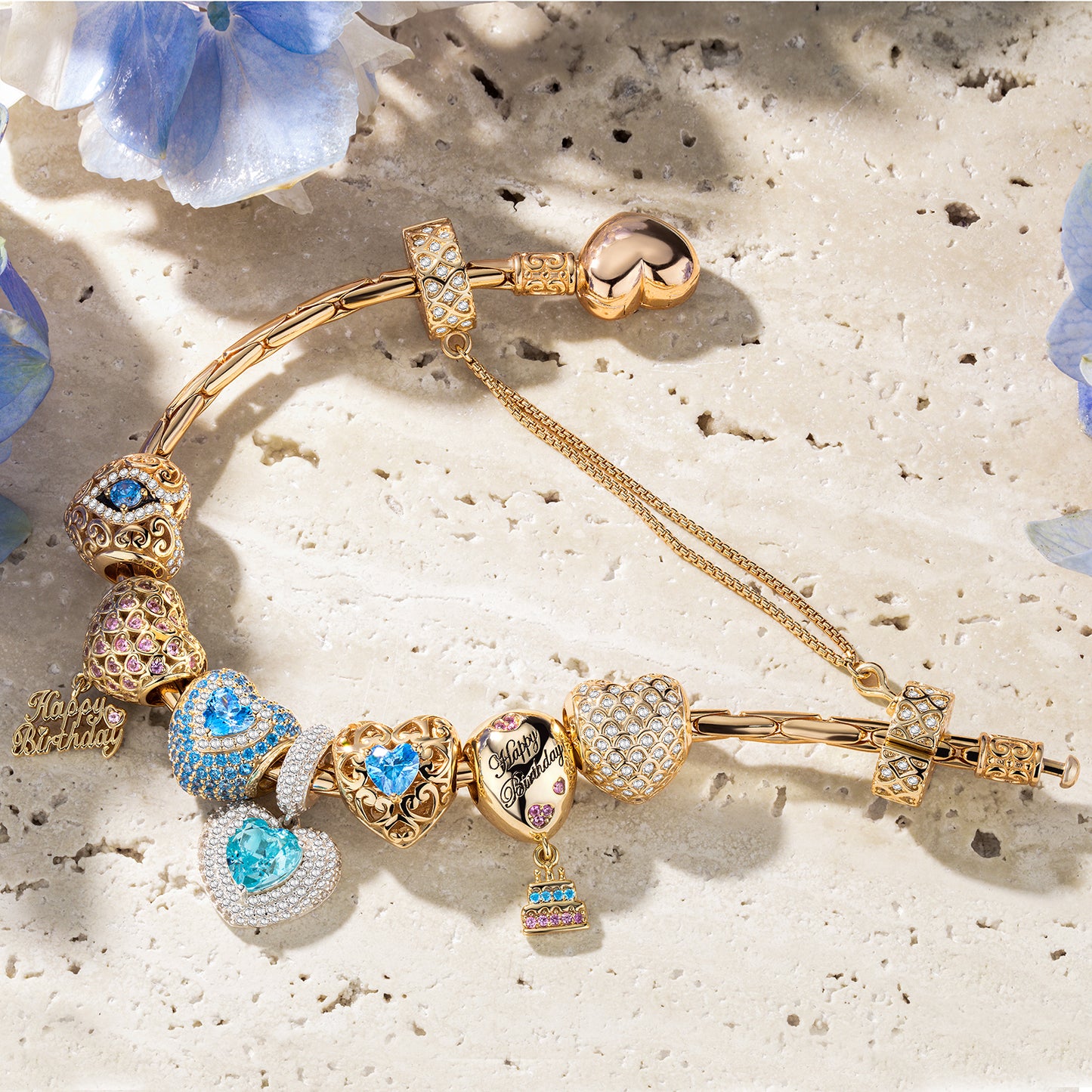 Sterling Silver Ethereal Serene: March Aquamarine Charms Bracelet Set In 14K Gold Plated (Includes bracelet and all charms shown)