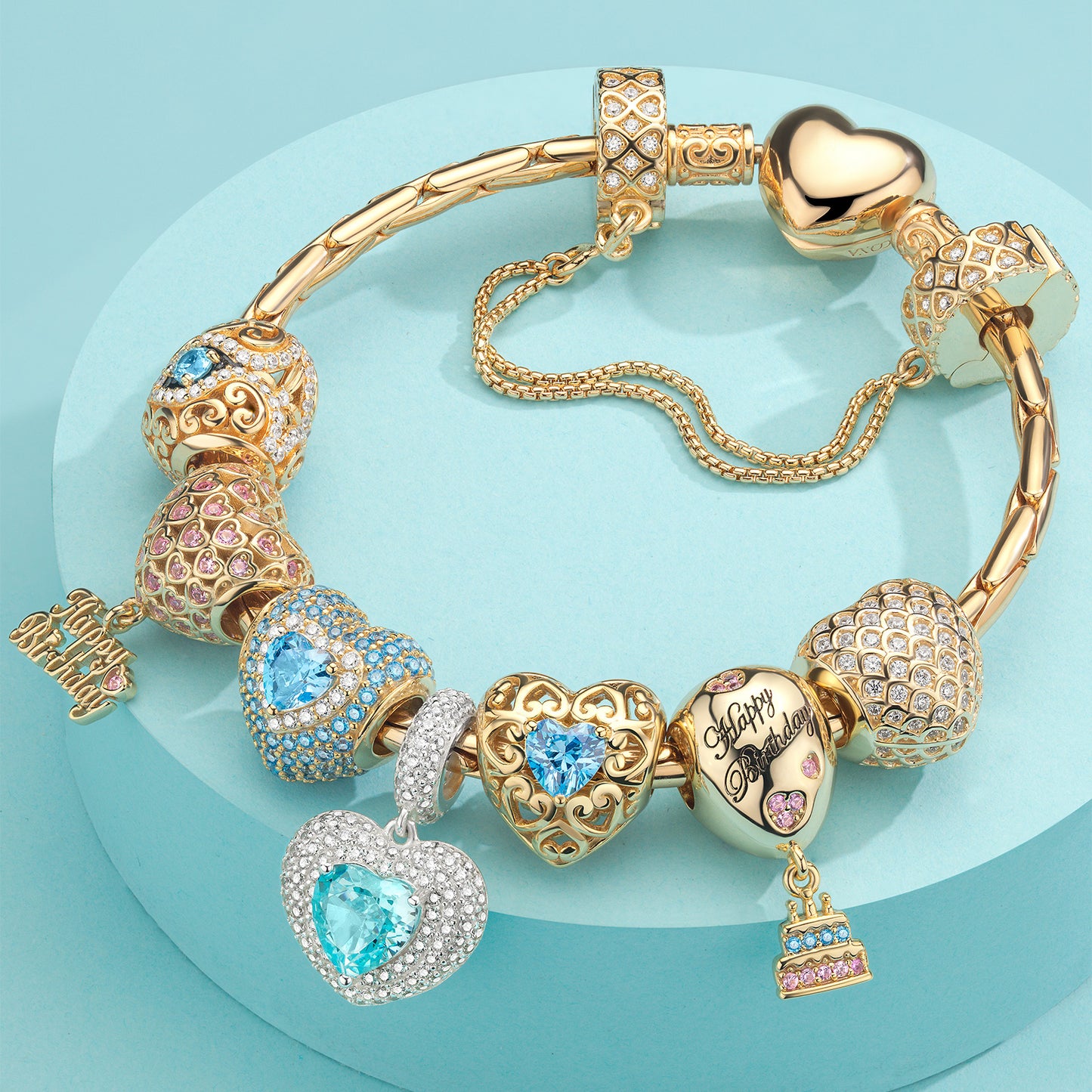 Sterling Silver Ethereal Serene: March Aquamarine Charms Bracelet Set In 14K Gold Plated (Includes bracelet and all charms shown)