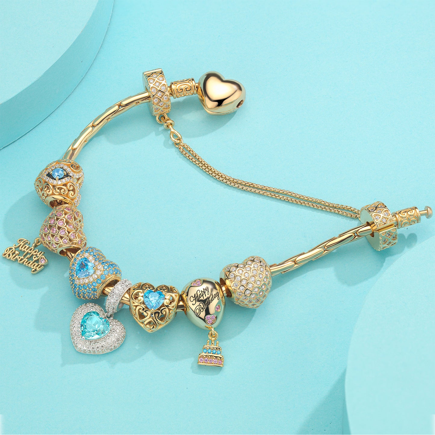 Sterling Silver Ethereal Serene: March Aquamarine Charms Bracelet Set In 14K Gold Plated (Includes bracelet and all charms shown)