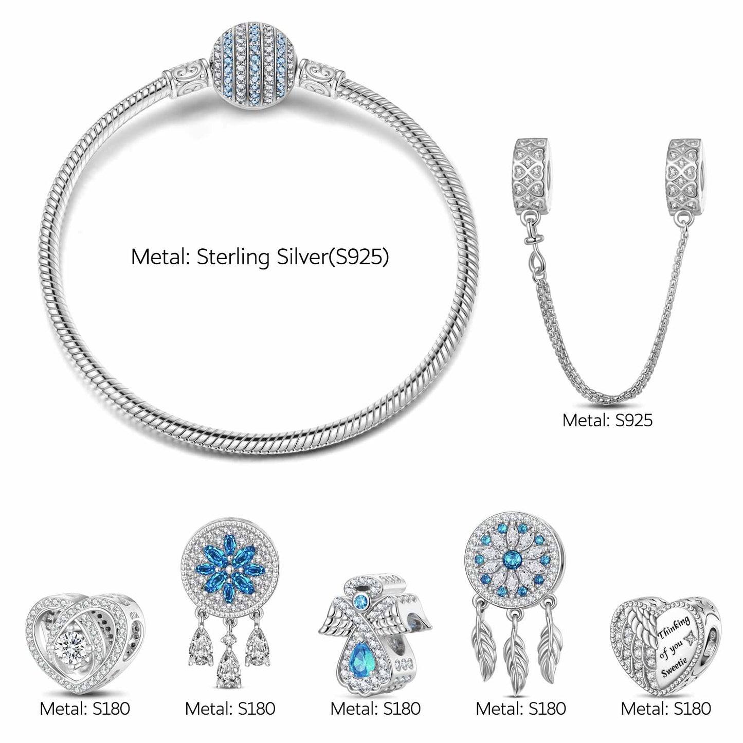 Sterling Silver Early Spring Dreams Charms Bracelet Set In White Gold Plated (Includes bracelet and all charms shown)