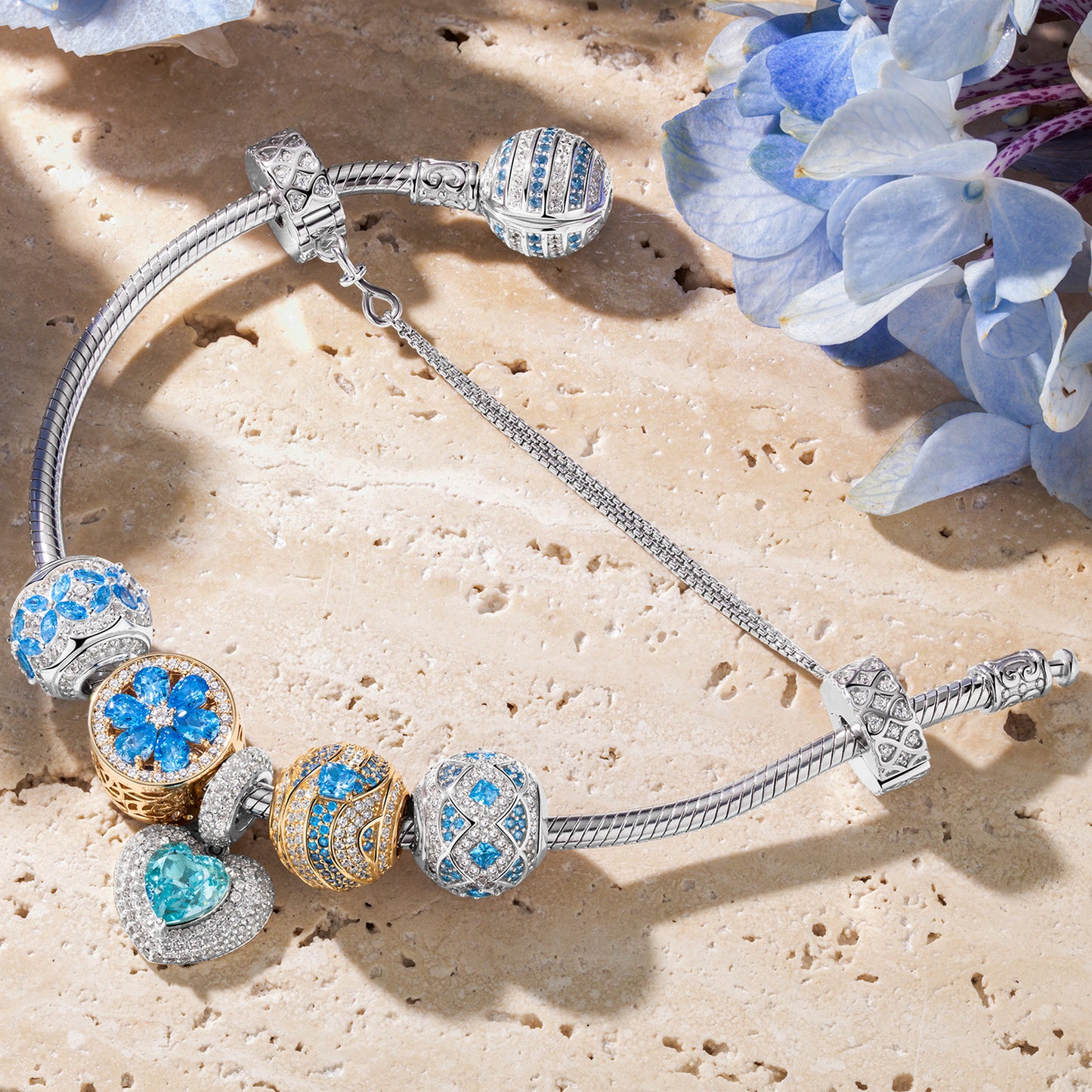 Sterling Silver Oceanic Horizon Charms Bracelet Set In Two-Tone Plating (Includes bracelet and all charms shown)