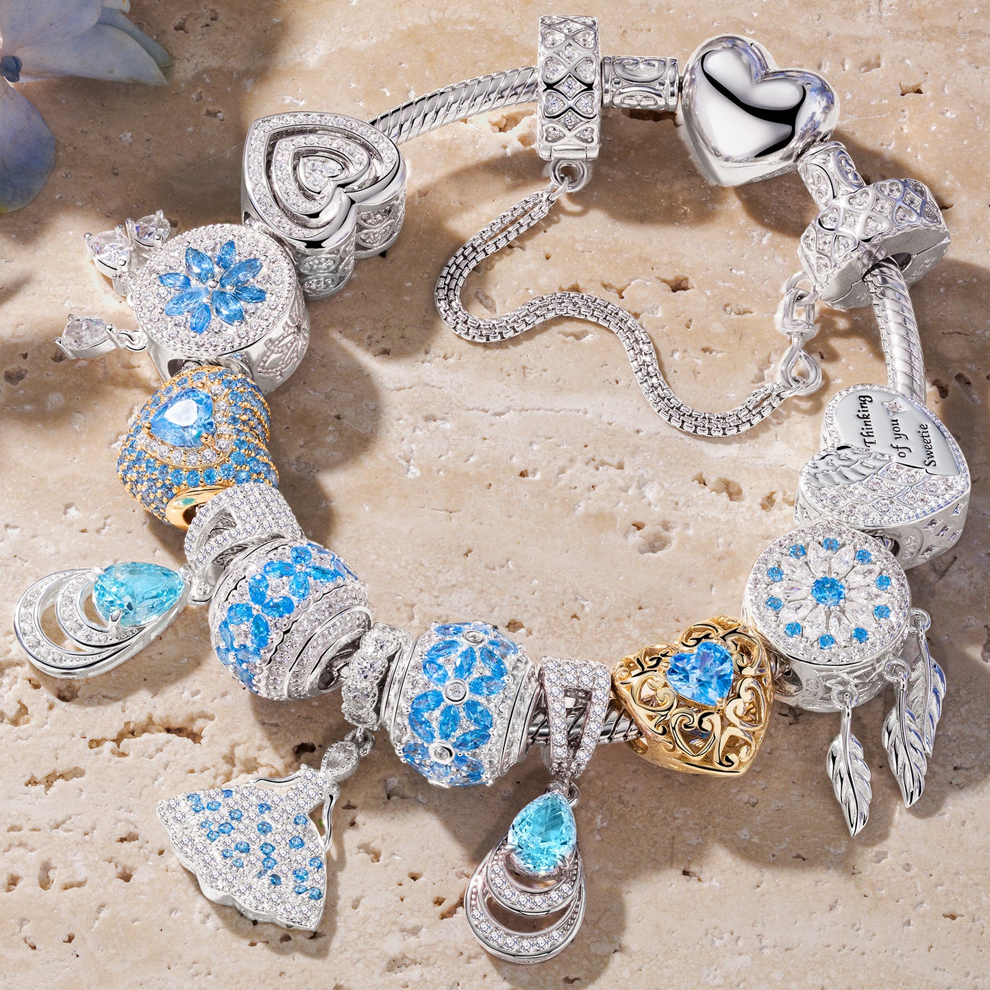 Sterling Silver Oceanic Blossoms Charms Bracelet Set In Two-Tone Plating (Includes bracelet and all charms shown)