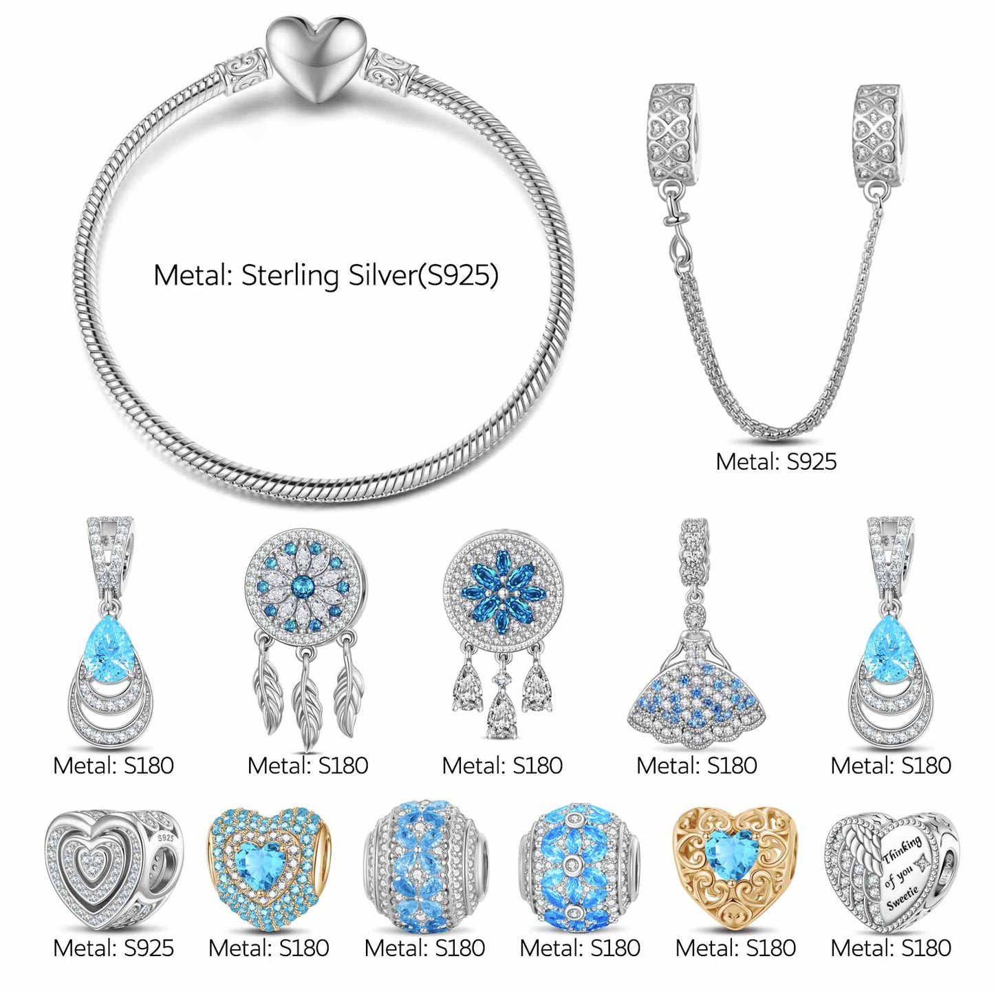 Sterling Silver Oceanic Blossoms Charms Bracelet Set In Two-Tone Plating (Includes bracelet and all charms shown)