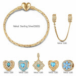 Sterling Silver Dignified Heart Charms Bracelet Set In 14K Gold Plated (Includes bracelet and all charms shown)