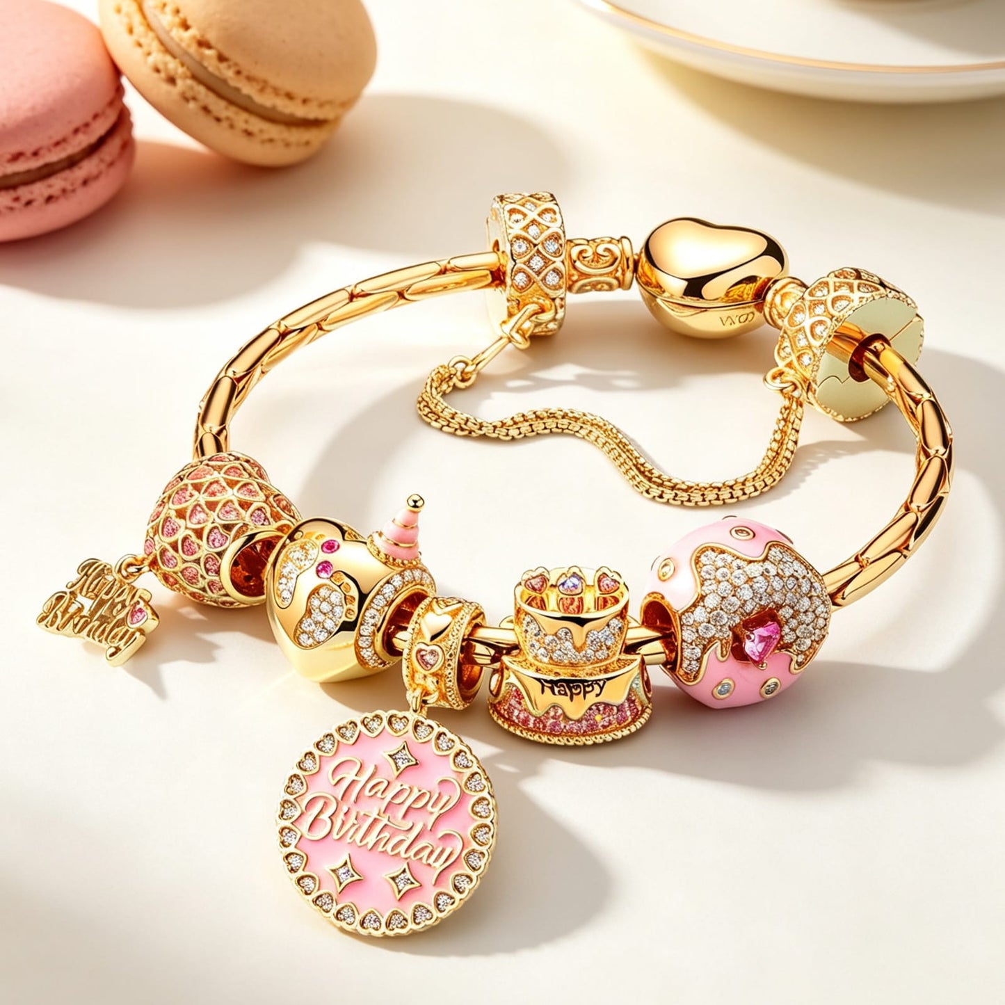 Sterling Silver Precious Moments Charms Bracelet Set With Enamel In 14K Gold Plated (Includes bracelet and all charms shown)