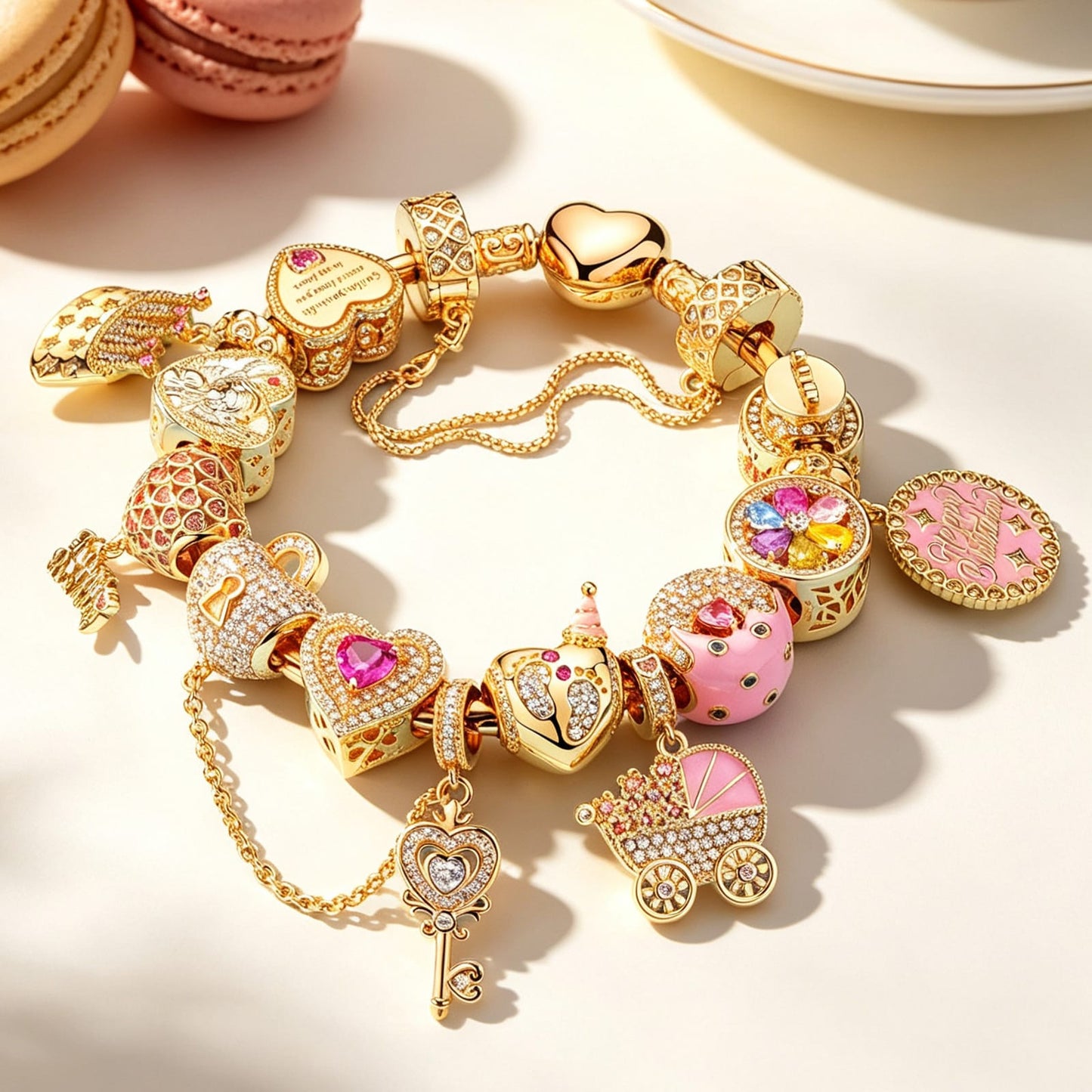 Sterling Silver Lustrous Celebration Charms Bracelet Set With Enamel In 14K Gold Plated (Includes bracelet and all charms shown)