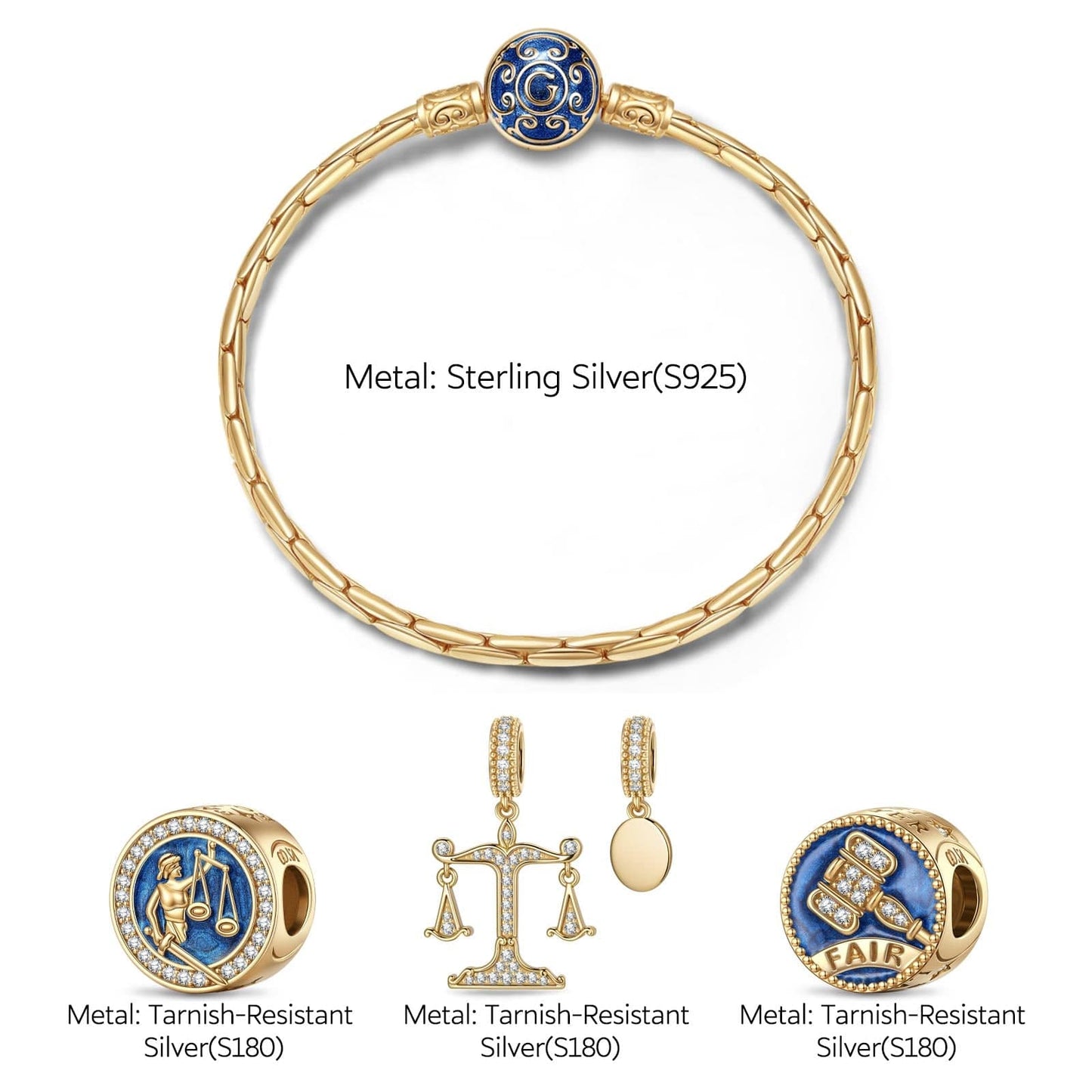 Sterling Silver Truth in Balance Charms Bracelet Set With Enamel In 14K Gold Plated (Includes bracelet and all charms shown)