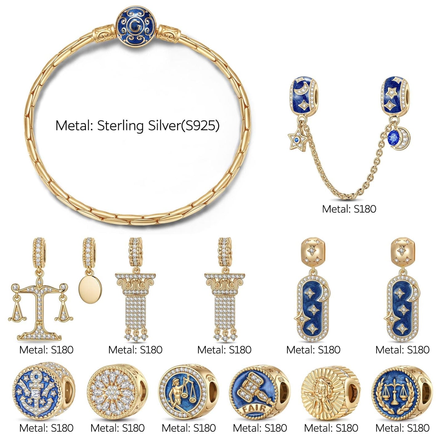 Sterling Silver Judicial Symphony Charms Bracelet Set With Enamel In 14K Gold Plated (Includes bracelet and all charms shown)
