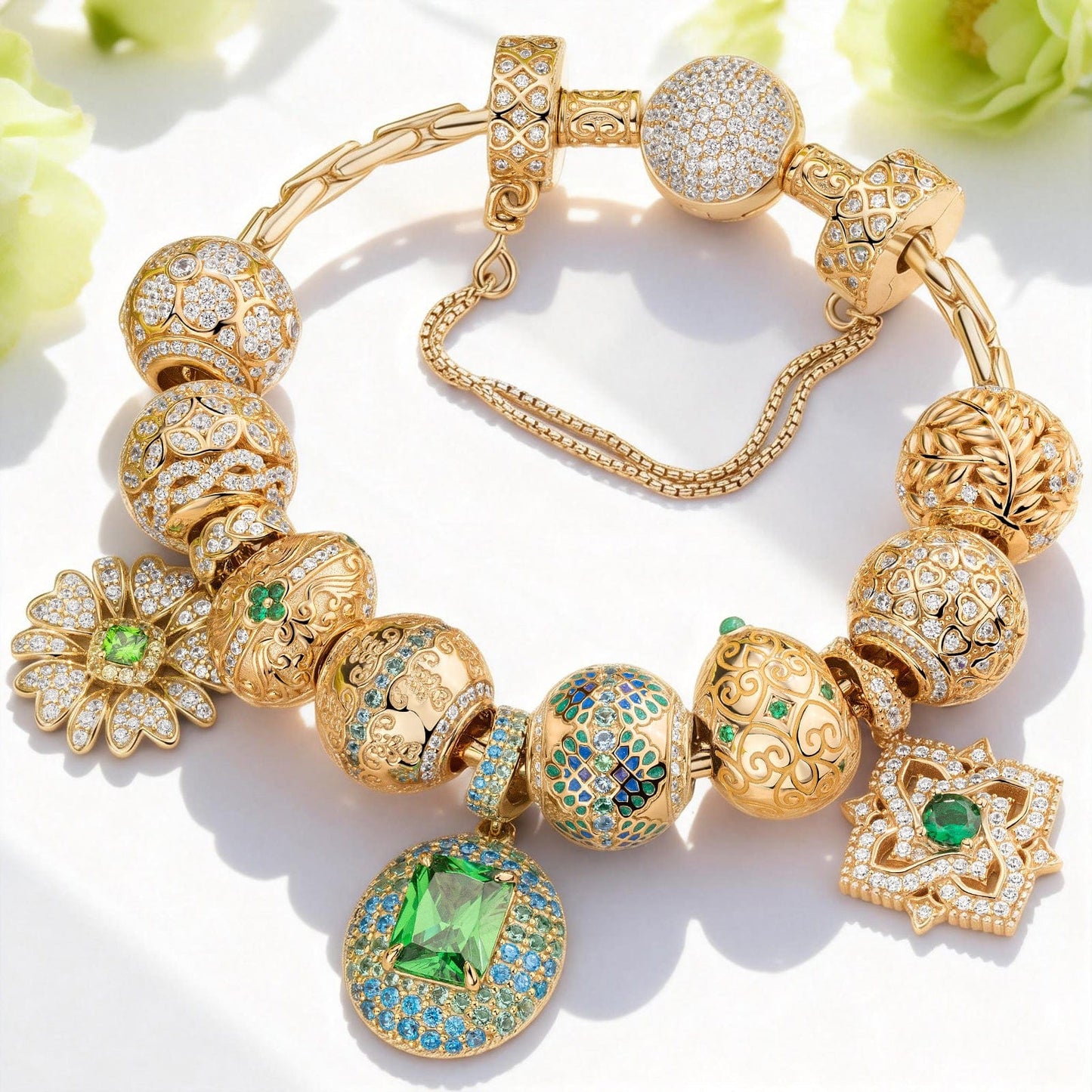 Sterling Silver Greenery Abloom Charms Bracelet Set In 14K Gold Plated (Includes bracelet and all charms shown)