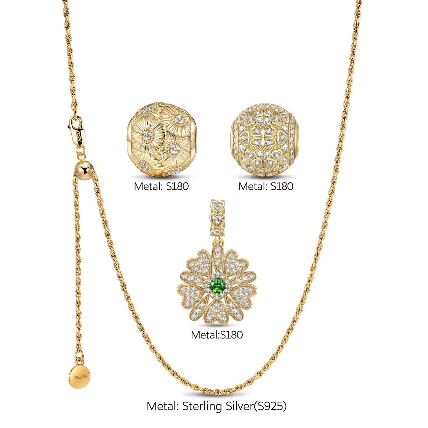 Sterling Silver Adjustable Rope Chain Necklace with Slider Clasp Blossoming Brilliance Charms Necklace Set In 14K Gold Plated