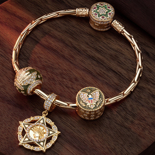 gona- Sterling Silver Green Horizon Charms Bracelet Set With Enamel In 14K Gold Plated (Includes bracelet and all charms shown)
