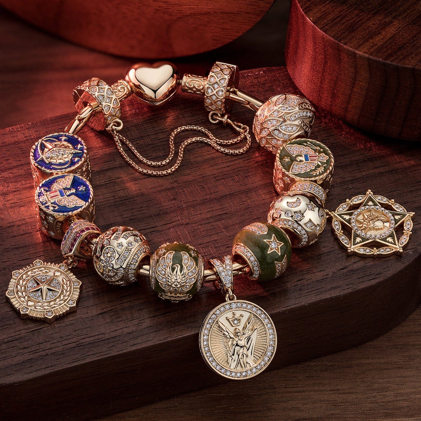 Sterling Silver Force and Protection Charms Bracelet Set With Enamel In 14K Gold Plated (Includes bracelet and all charms shown)