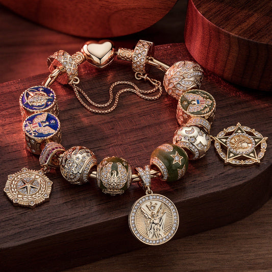 gona- Sterling Silver Force and Protection Charms Bracelet Set With Enamel In 14K Gold Plated (Includes bracelet and all charms shown)