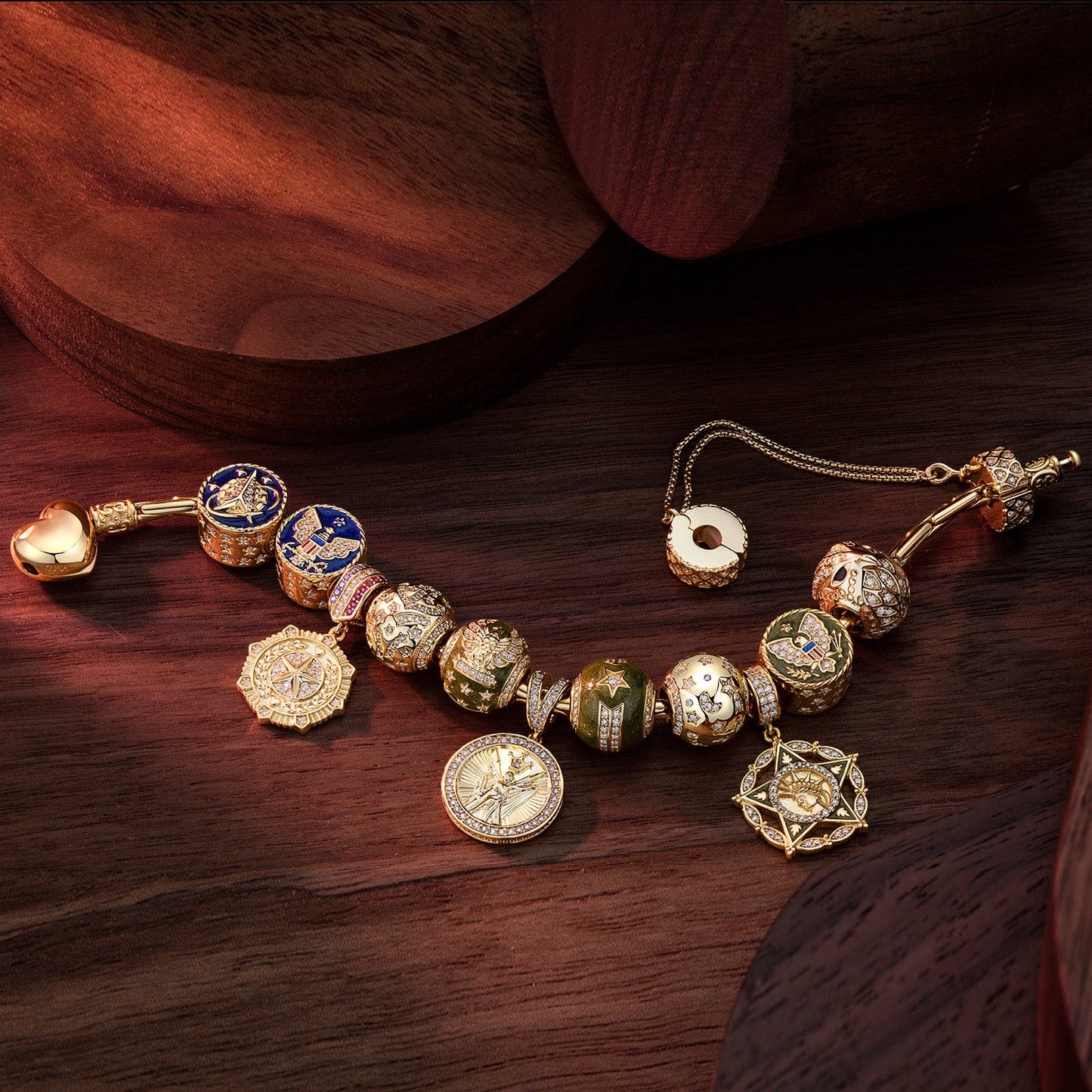 Sterling Silver Force and Protection Charms Bracelet Set With Enamel In 14K Gold Plated (Includes bracelet and all charms shown)