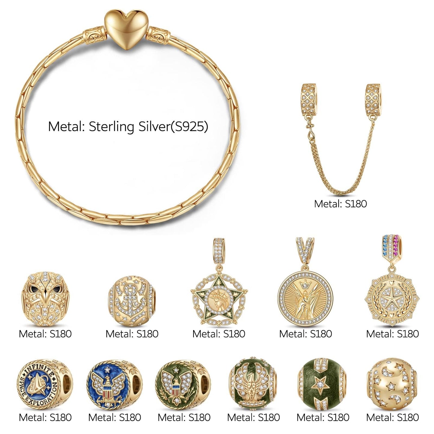 Sterling Silver Force and Protection Charms Bracelet Set With Enamel In 14K Gold Plated (Includes bracelet and all charms shown)