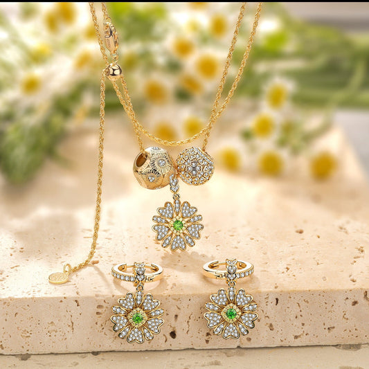 gona- Sterling Silver Adjustable Rope Chain Necklace with Slider Clasp Blossoming Brilliance Charms Necklace and Earrings Set In 14K Gold Plated