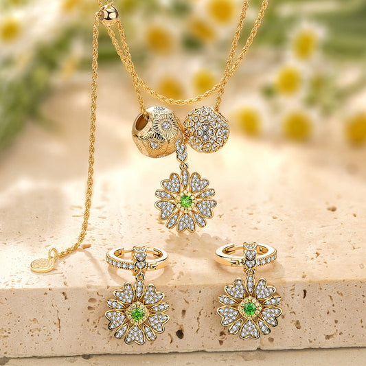 gona- Sterling Silver Adjustable Rope Chain Necklace with Slider Clasp Blossoming Brilliance Charms Necklace and Earrings Set In 14K Gold Plated