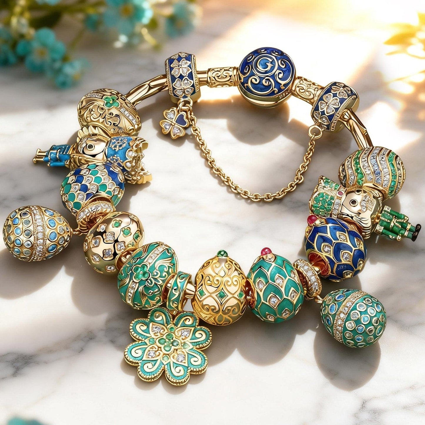 Sterling Silver Regal Easter Symphony Easter Eggs Charms Bracelet Set With Enamel In 14K Gold Plated (Includes bracelet and all charms shown)