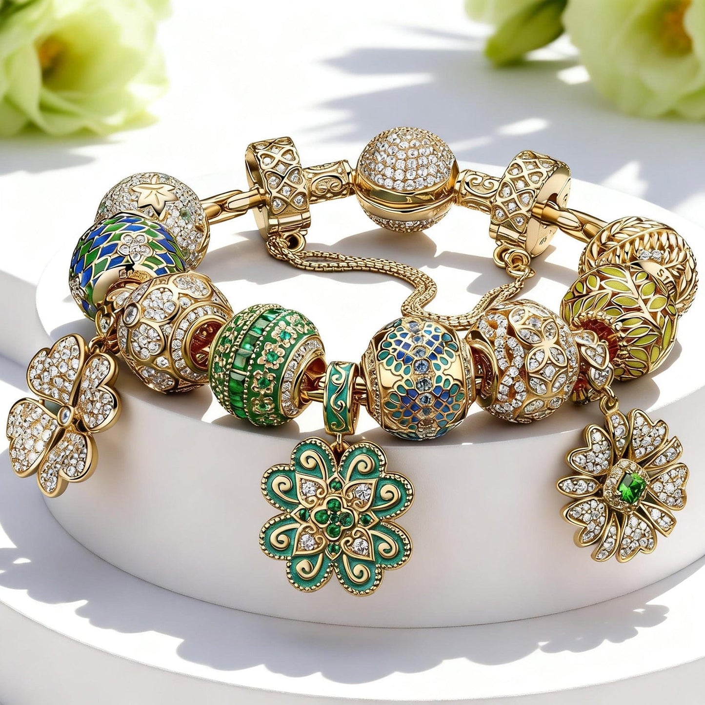 Sterling Silver Fields of Fortune Charms Bracelet Set With Enamel In 14K Gold Plated (Includes bracelet and all charms shown)