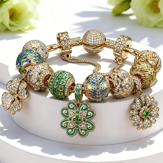 gona- Sterling Silver Fields of Fortune Charms Bracelet Set With Enamel In 14K Gold Plated (Includes bracelet and all charms shown)