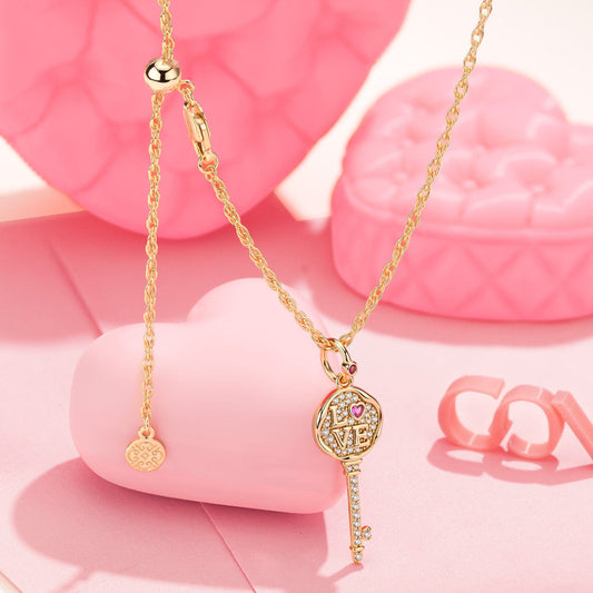 gona- Sterling Silver Adjustable Rope Chain Necklace with Slider Clasp Key to Eternity Charms Necklace Set In 14K Gold Plated