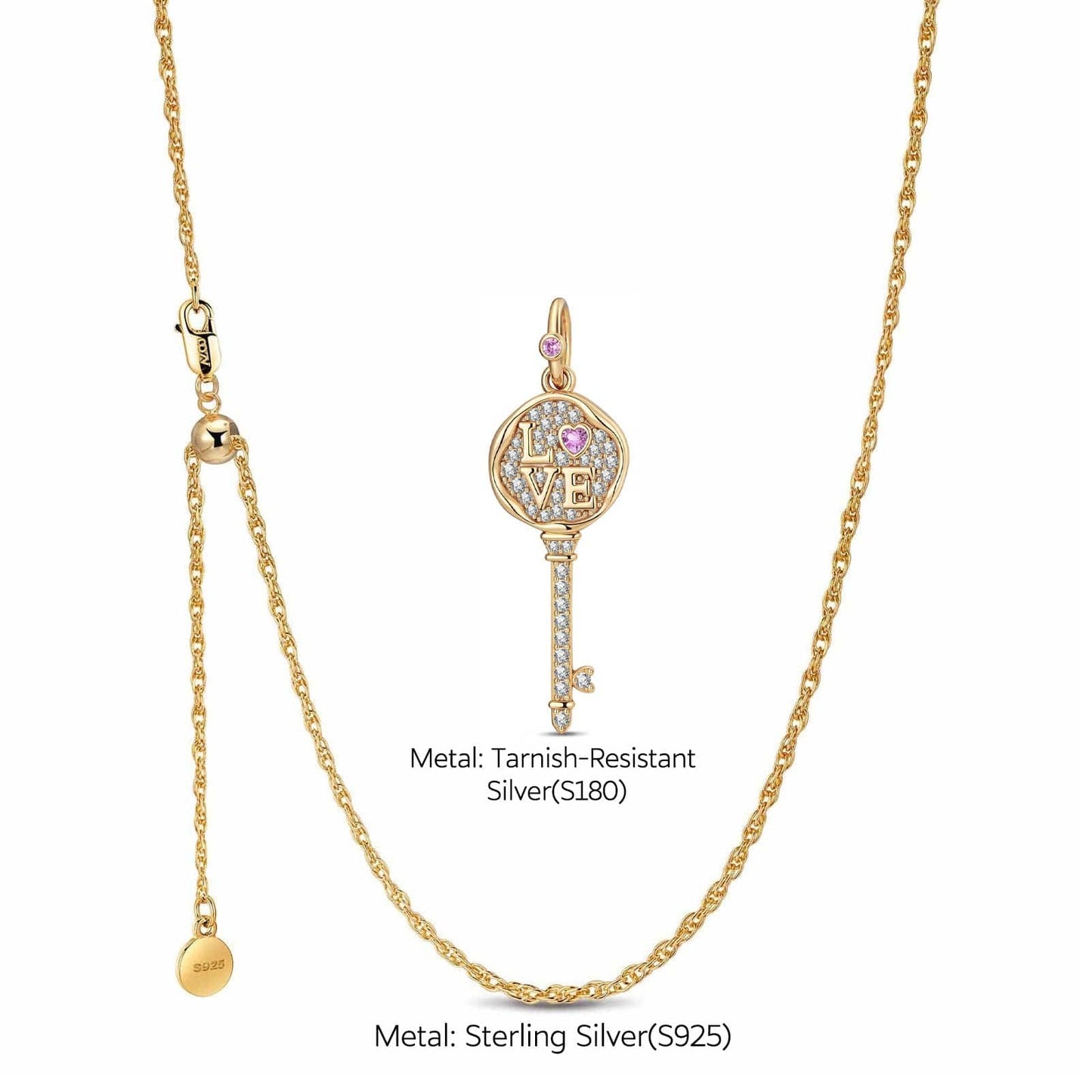 Sterling Silver Adjustable Rope Chain Necklace with Slider Clasp Key to Eternity Charms Necklace Set In 14K Gold Plated