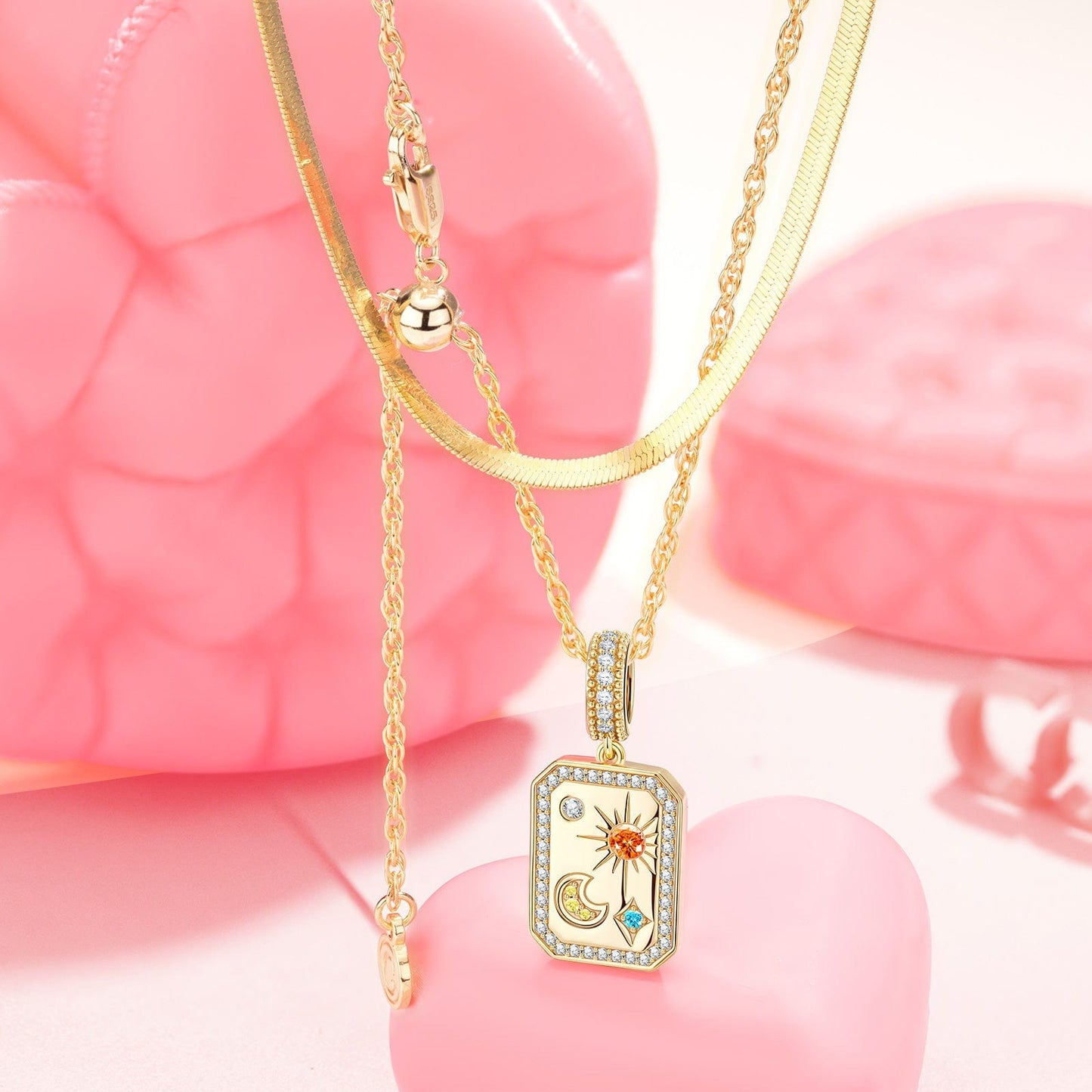 Sterling Silver Layered Necklaces Set: Adjustable Rope Chain Necklace with Slider Clasp Customizable Engraving A Time Remembered Charms Necklace Set In 14K Gold Plated