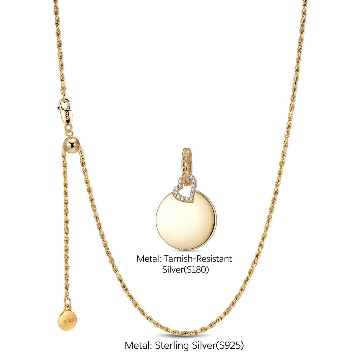 Sterling Silver Adjustable Rope Chain Necklace with Slider Clasp Customizable Engraving Pages of Love Charms Necklace Set In 14K Gold Plated
