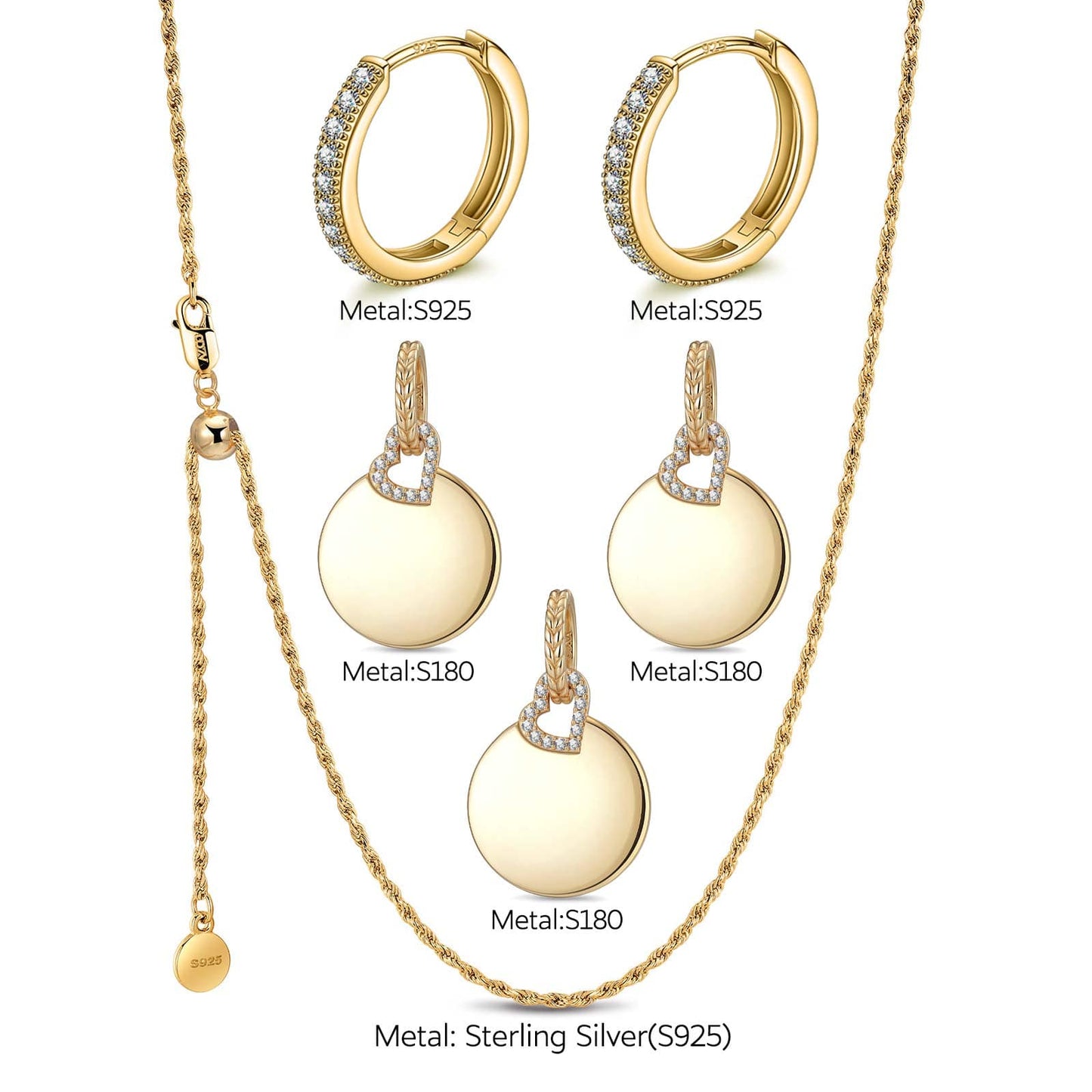 Sterling Silver Adjustable Rope Chain Necklace with Slider Clasp Customizable Engraving Pages of Love Charms Necklace and Earrings Set In 14K Gold Plated