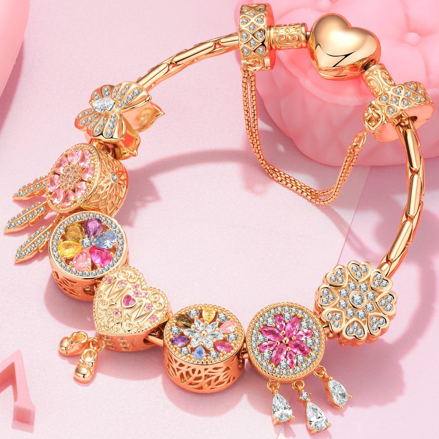 Sterling Silver Blossom Dreamy Charms Bracelet Set In 14K Gold Plated (Includes bracelet and all charms shown)