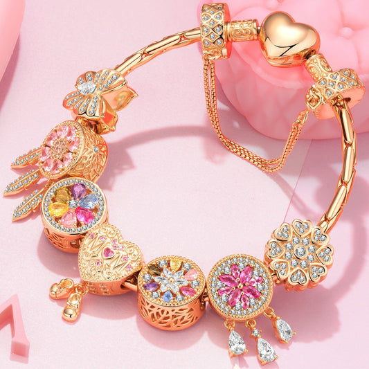 gona- Sterling Silver Blossom Dreamy Charms Bracelet Set In 14K Gold Plated (Includes bracelet and all charms shown)