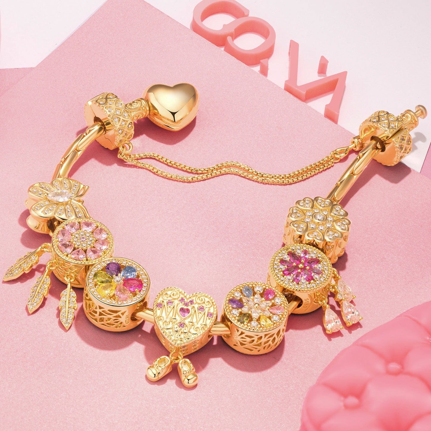Sterling Silver Blossom Dreamy Charms Bracelet Set In 14K Gold Plated (Includes bracelet and all charms shown)
