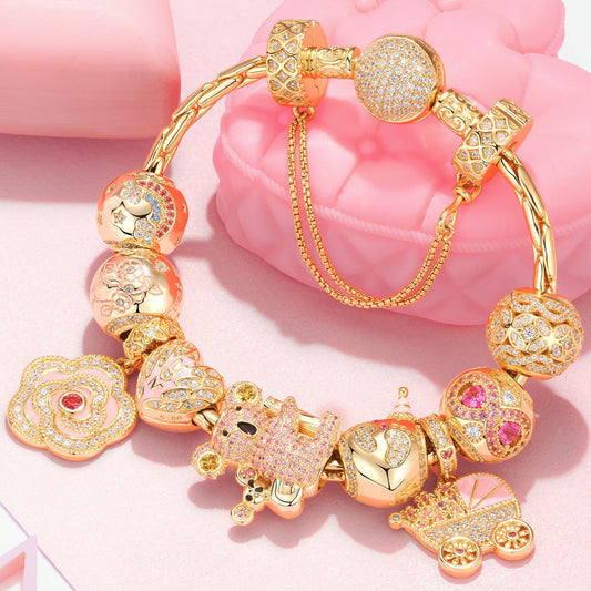 gona- Sterling Silver Heartwarming Affection Charms Bracelet Set With Enamel In 14K Gold Plated (Includes bracelet and all charms shown)