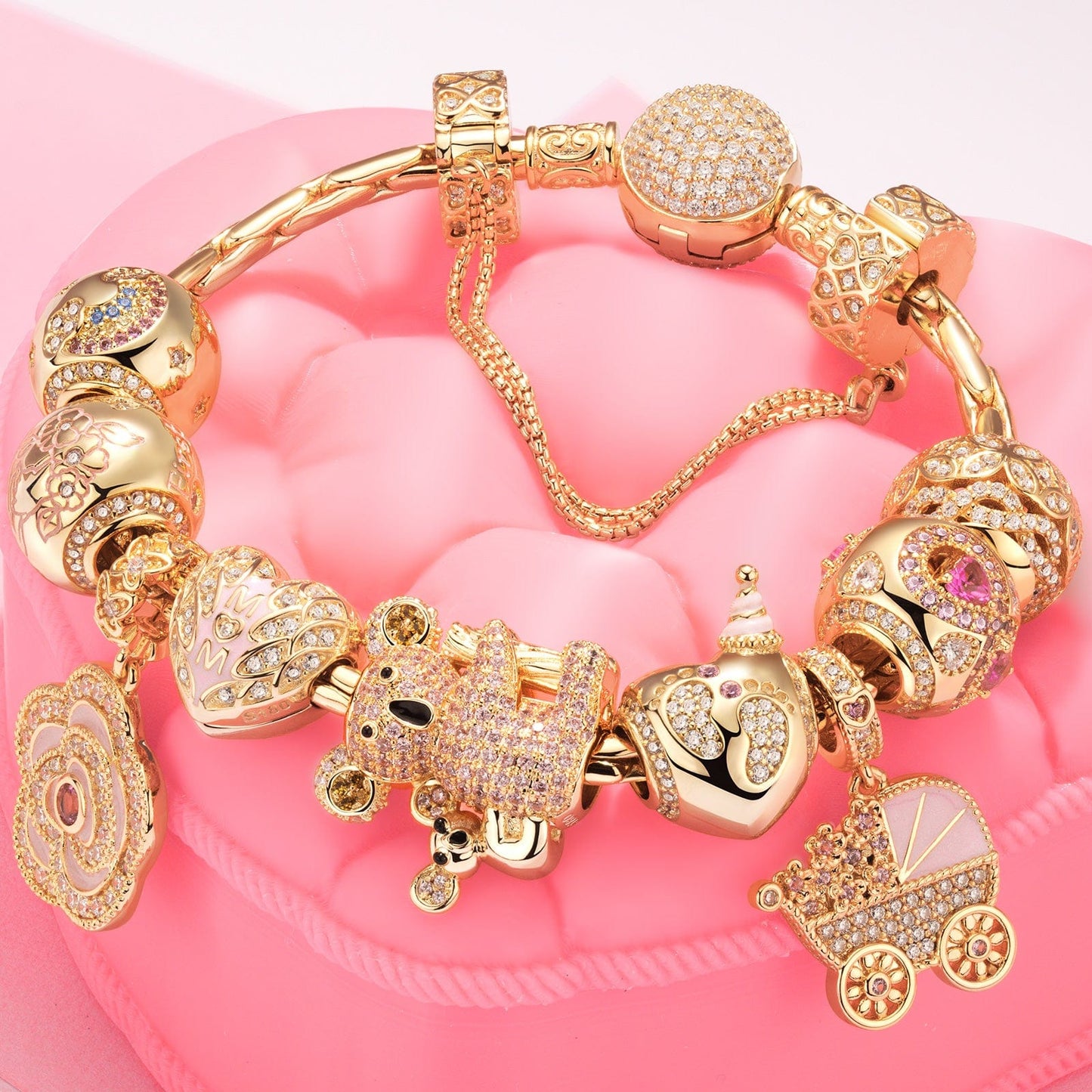 Sterling Silver Heartwarming Affection Charms Bracelet Set With Enamel In 14K Gold Plated (Includes bracelet and all charms shown)