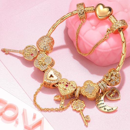 gona- Sterling Silver Key to Unwavering Love Charms Bracelet Set In 14K Gold Plated (Includes bracelet and all charms shown)