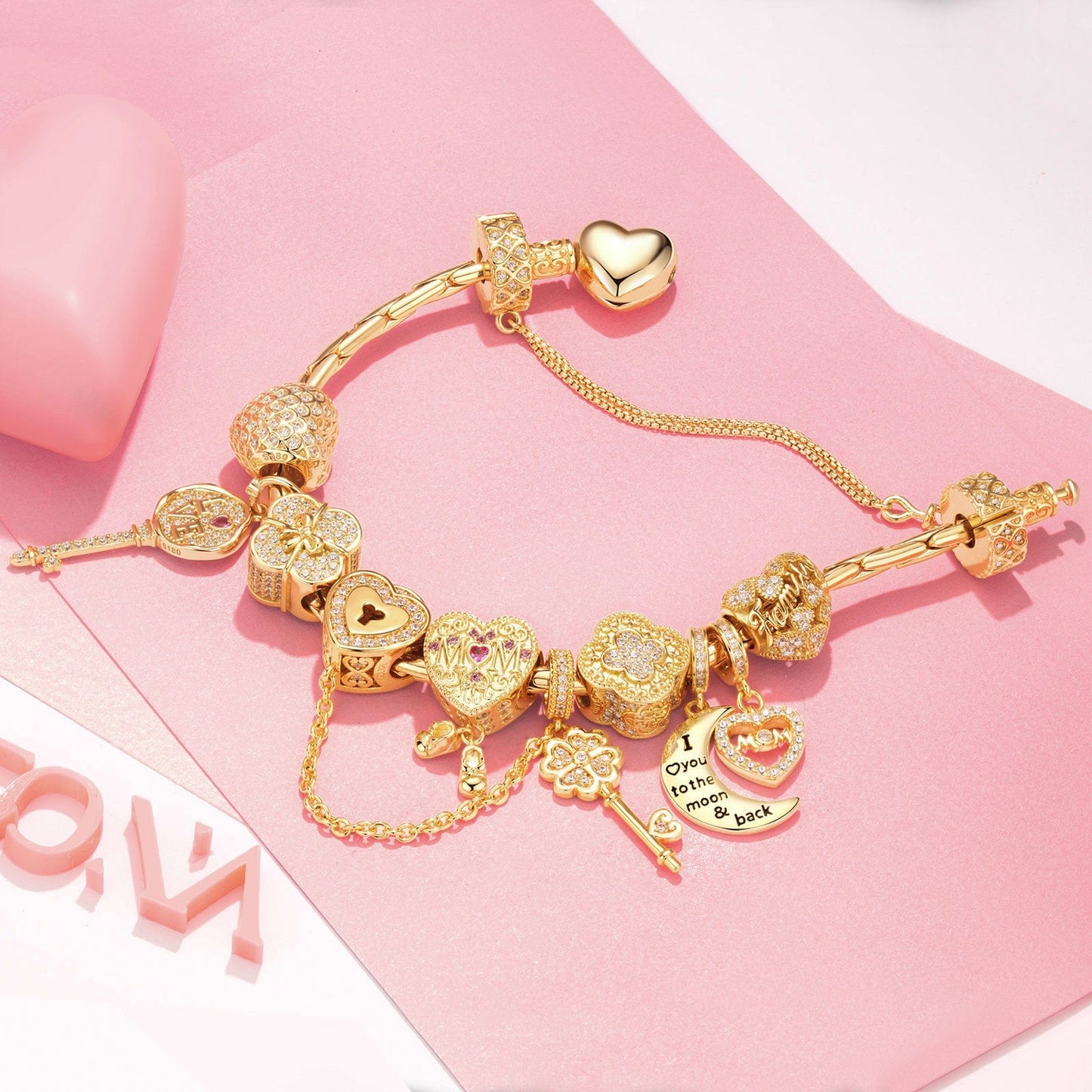 Sterling Silver Key to Unwavering Love Charms Bracelet Set In 14K Gold Plated (Includes bracelet and all charms shown)