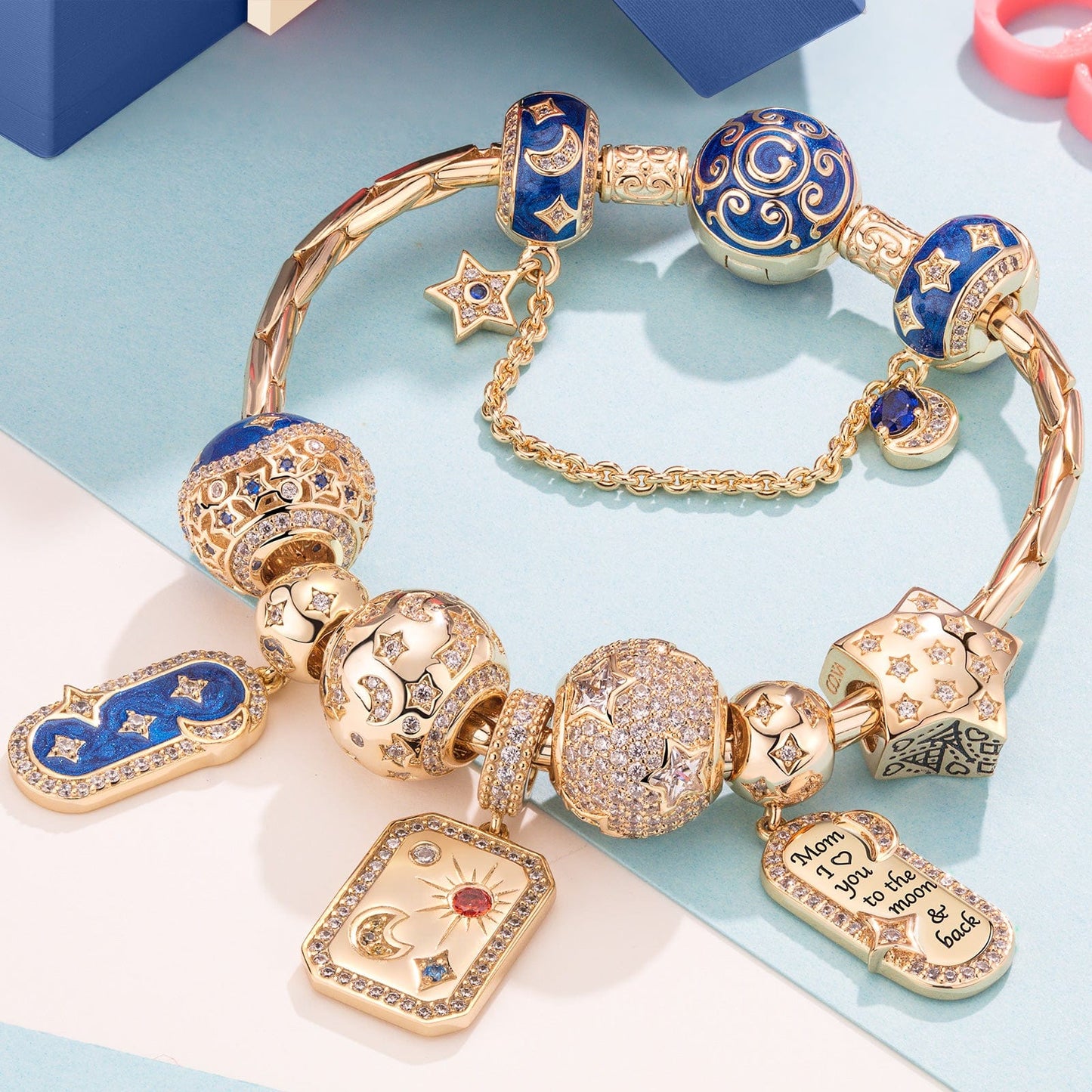 Sterling Silver Customizable Engraving Time and Tide Charms Bracelet Set In 14K Gold Plated (Includes bracelet and all charms shown)
