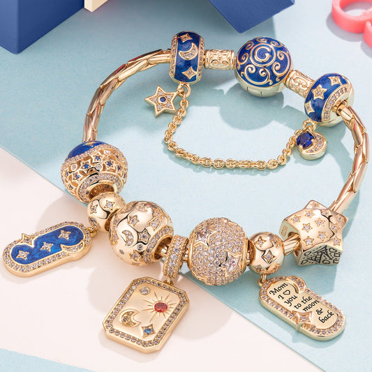 gona- Sterling Silver Customizable Engraving Time and Tide Charms Bracelet Set In 14K Gold Plated (Includes bracelet and all charms shown)