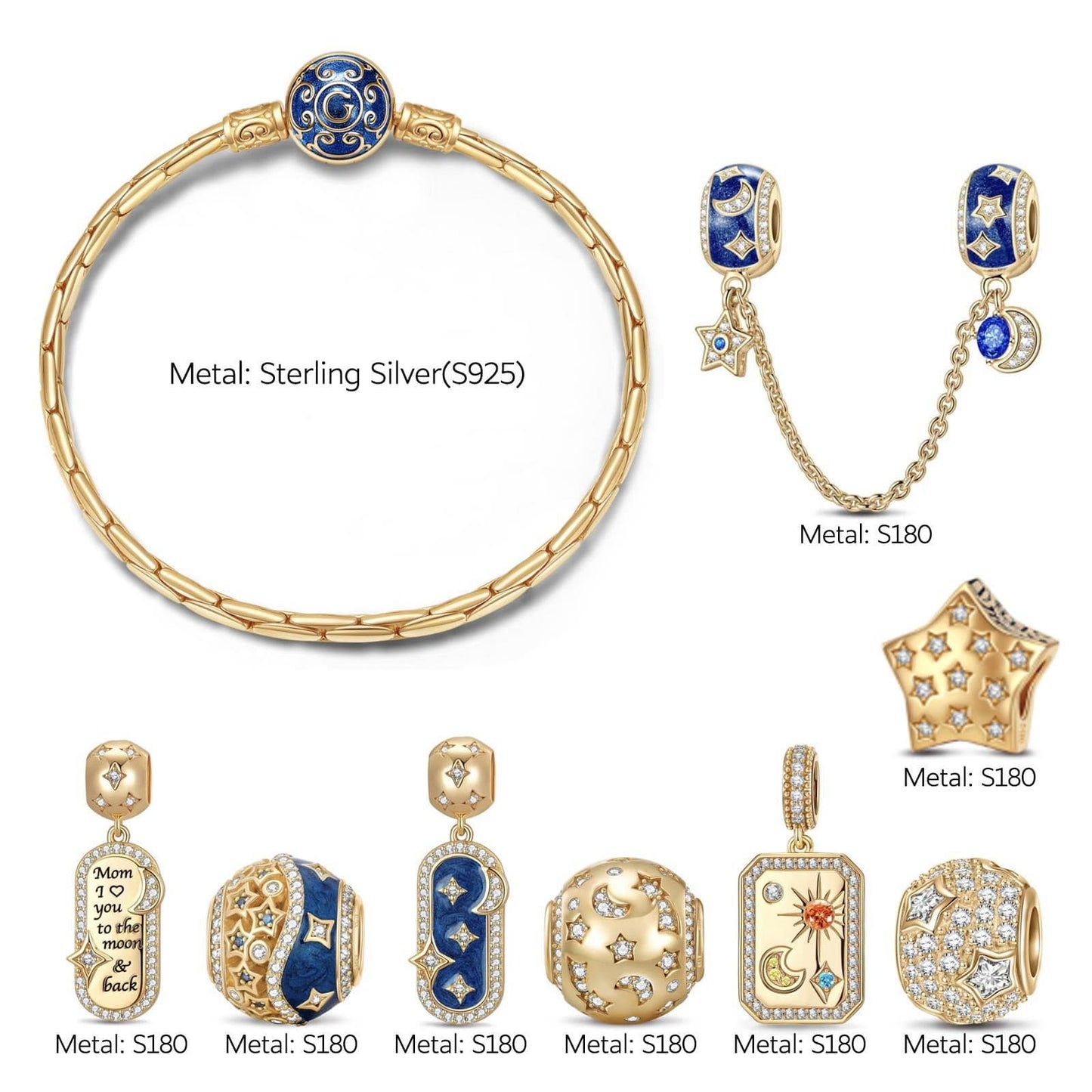 Sterling Silver Customizable Engraving Time and Tide Charms Bracelet Set In 14K Gold Plated (Includes bracelet and all charms shown)