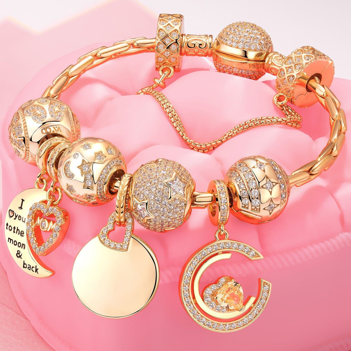 Sterling Silver Customizable Engraving Gentle Protector Charms Bracelet Set In 14K Gold Plated (Includes bracelet and all charms shown)