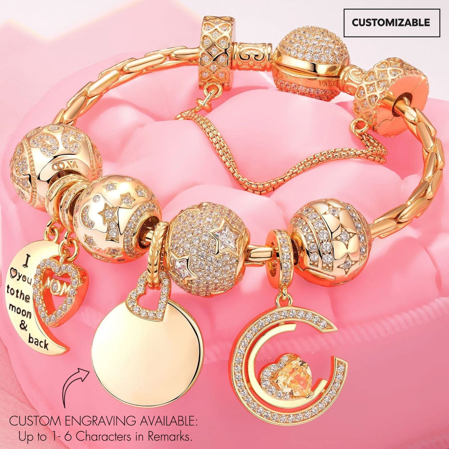 Sterling Silver Customizable Engraving Gentle Protector Charms Bracelet Set In 14K Gold Plated (Includes bracelet and all charms shown)