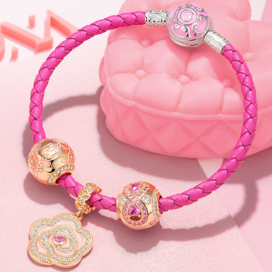 gona- Sterling Silver Pink Petals Charms Bracelet Set With Enamel, Featuring Dual Plating in 14K Gold and White Gold (Includes bracelet and all charms shown)