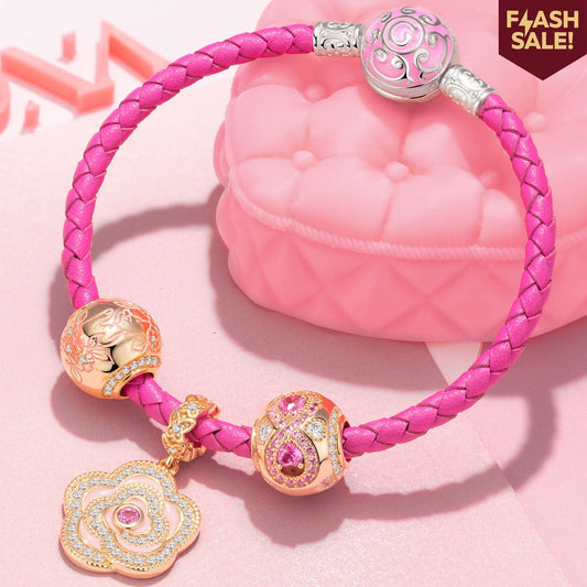 gona- Sterling Silver Pink Petals Charms Bracelet Set With Enamel, Featuring Dual Plating in 14K Gold and White Gold (Includes bracelet and all charms shown)