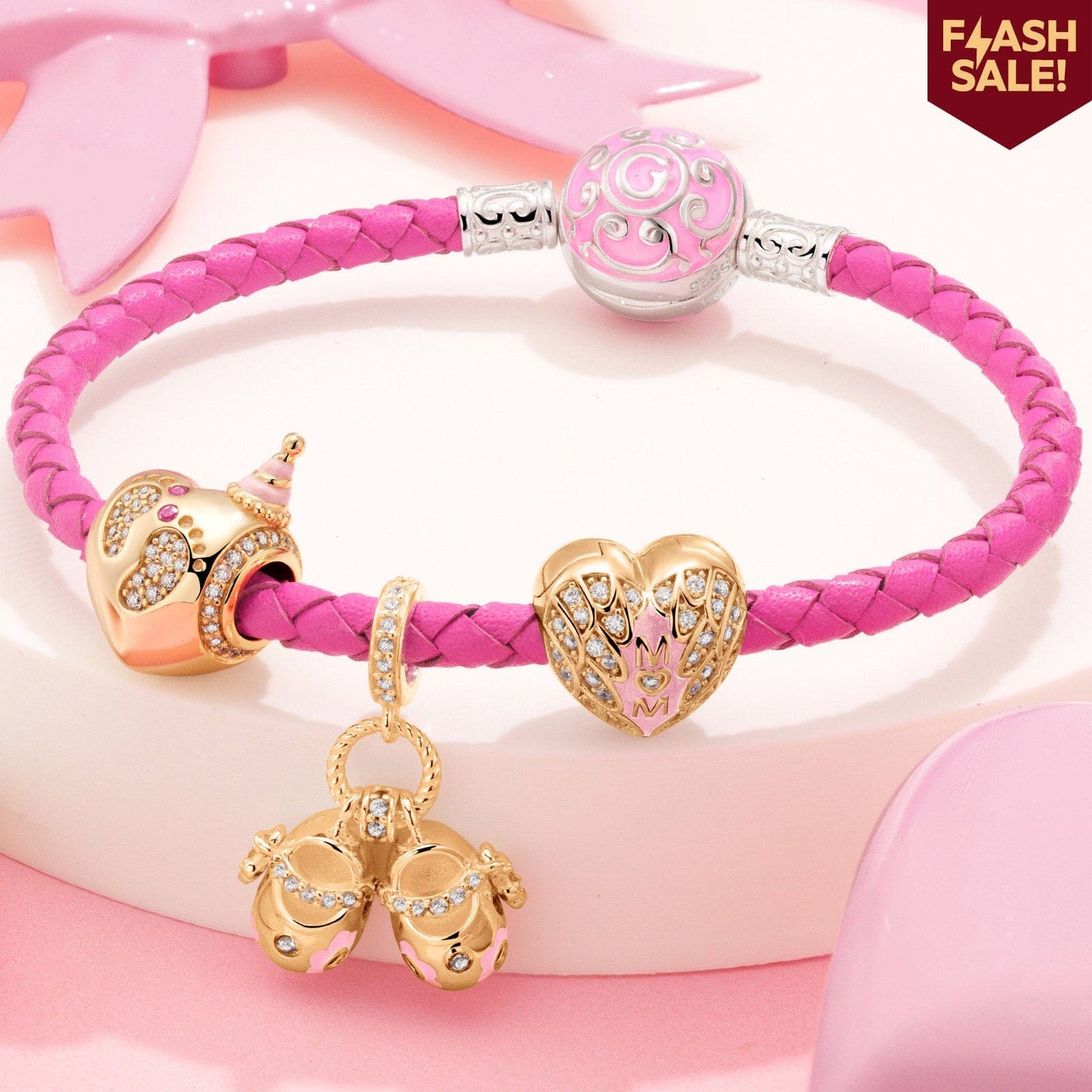 Sterling Silver Mom & Little Sweetheart Charms Bracelet Set With Enamel, Featuring Dual Plating in 14K Gold and White Gold (Includes bracelet and all charms shown)